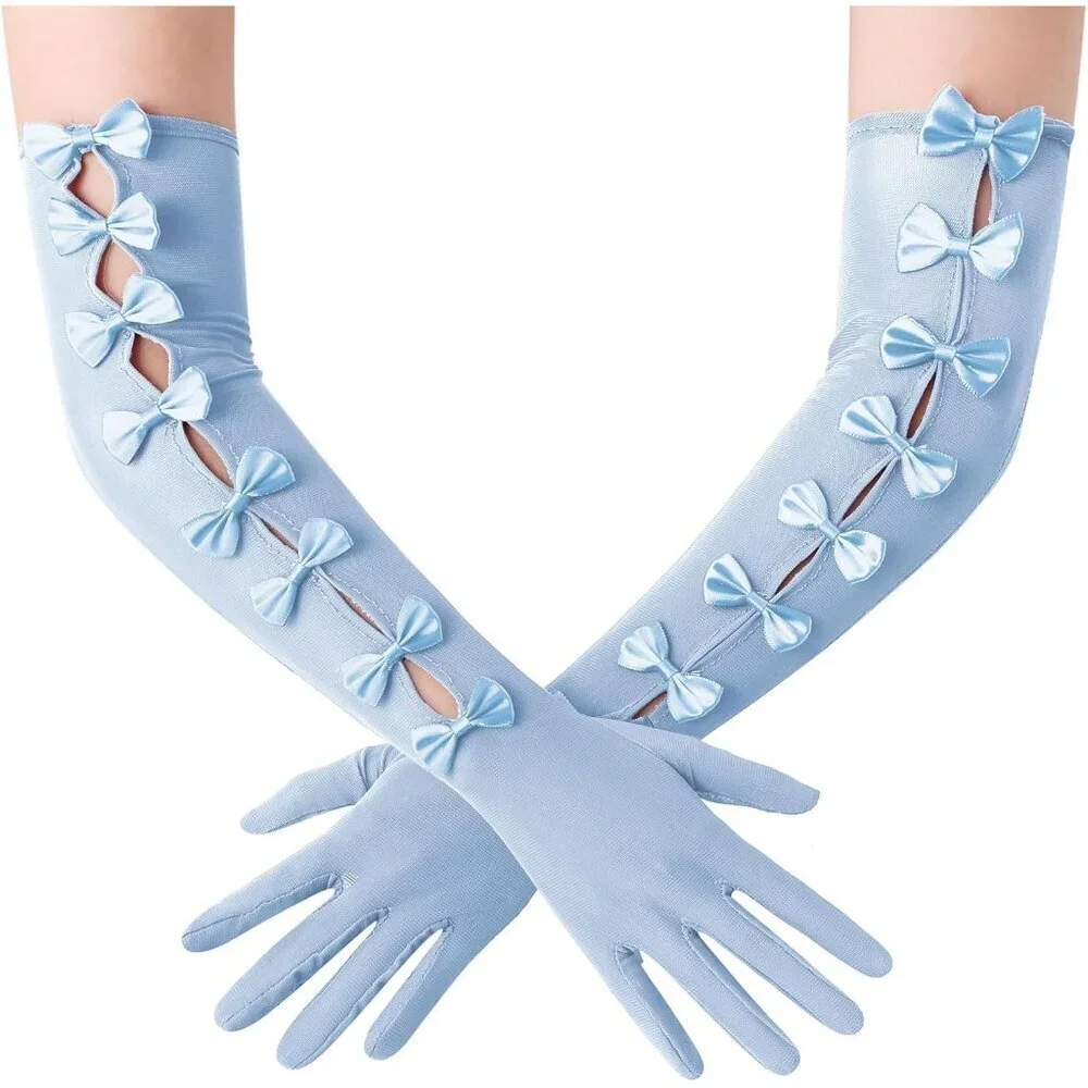 Women's Princess Light Blue Long Sleeves Gloves Bow Lace Mesh Tulle Party Prom
